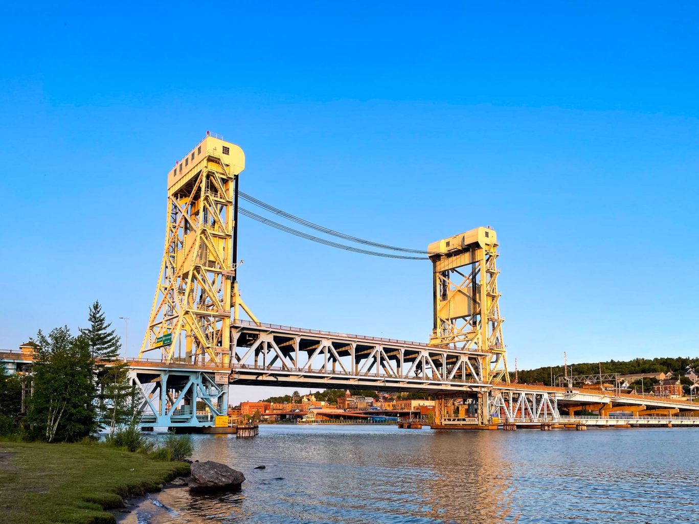 Sunset view of Portage Lake Lift Bridge in Houghton, Michigan.