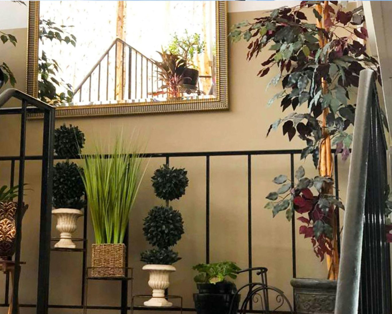 Decorative indoor hotel staircase area with potted plants and large mirror at M Star Hotel Mansfield.