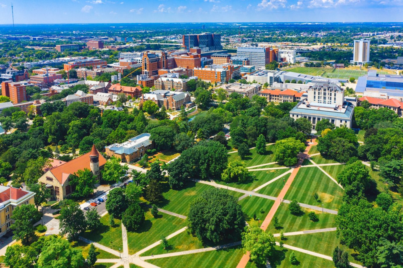 Aerial view of The Ohio State University campus with academic buildings and landscaped gardens.