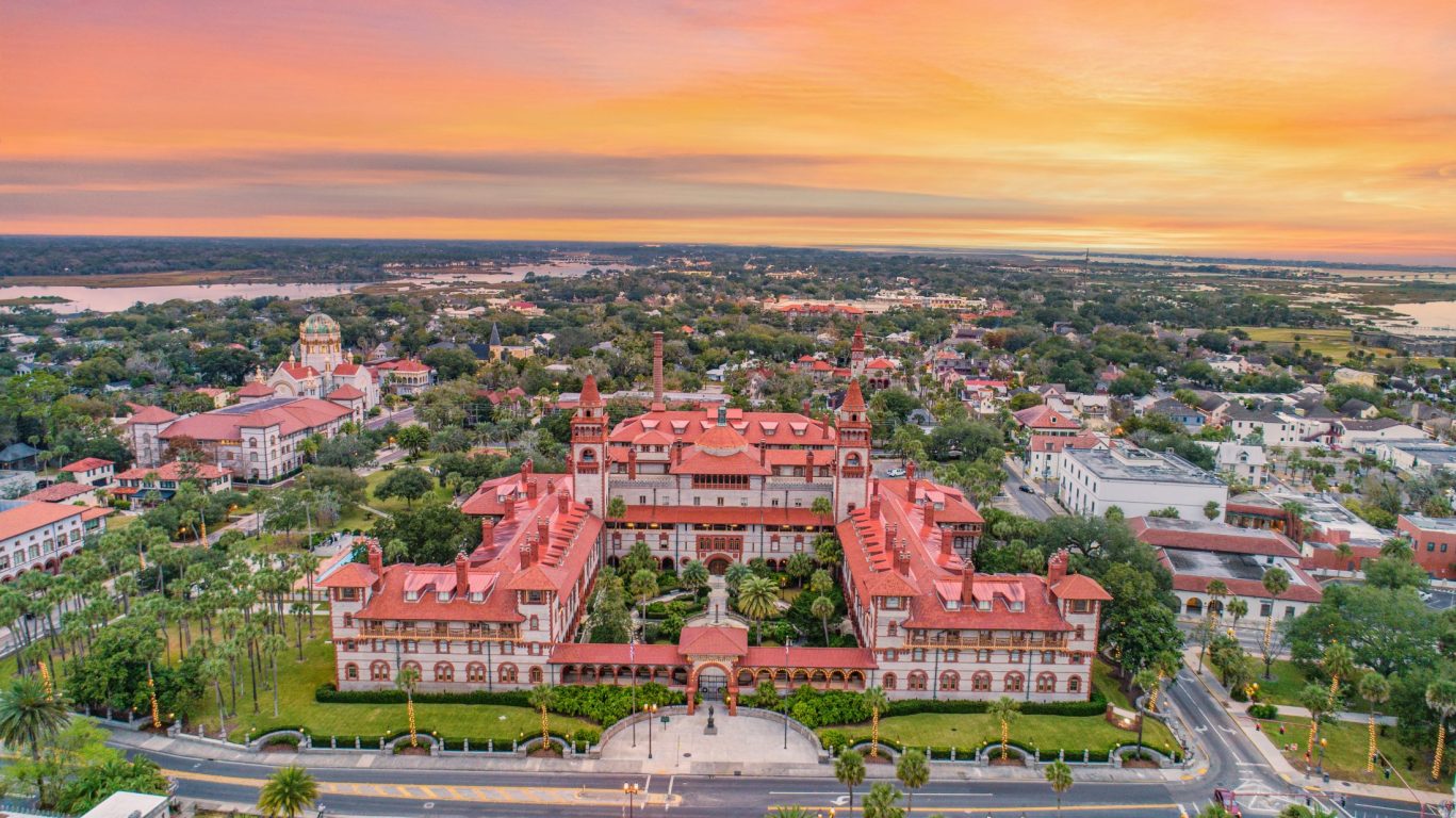 Aerial view of Flagler College and historic St. Augustine at sunrise, near Jacksonville, Florida.