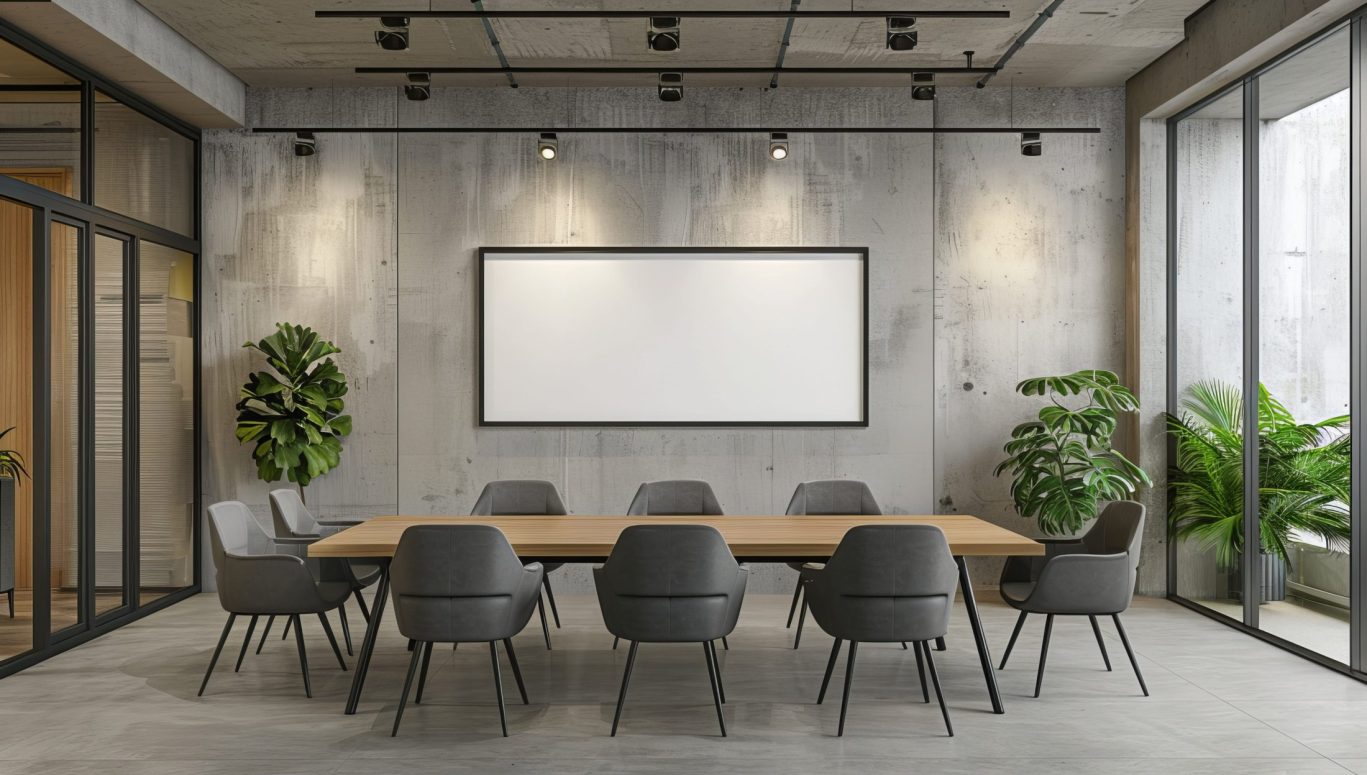 Contemporary conference room with large table, grey chairs, and indoor plants at Magnuson Hotel.