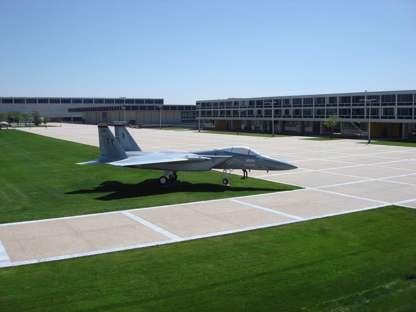 Military fighter jet on display at the United States Air Force Academy campus in Colorado Springs.