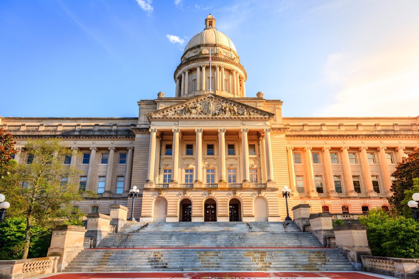 Grand facade of the Kentucky State Capitol building in Frankfort.