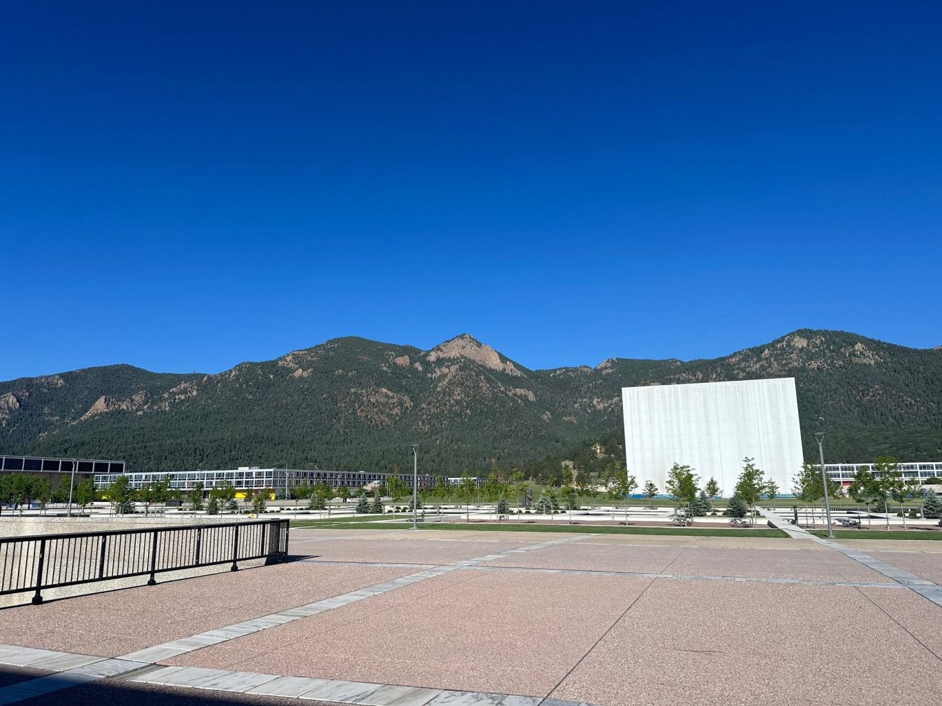 View of United States Air Force Academy campus with mountain backdrop in Colorado Springs.