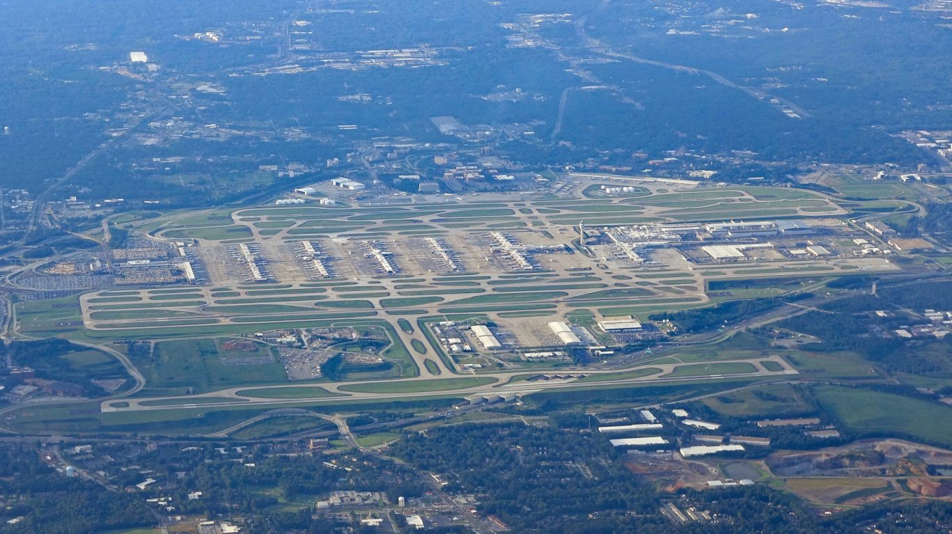 Aerial view of Hartsfield-Jackson Atlanta International Airport showing terminals and runways.