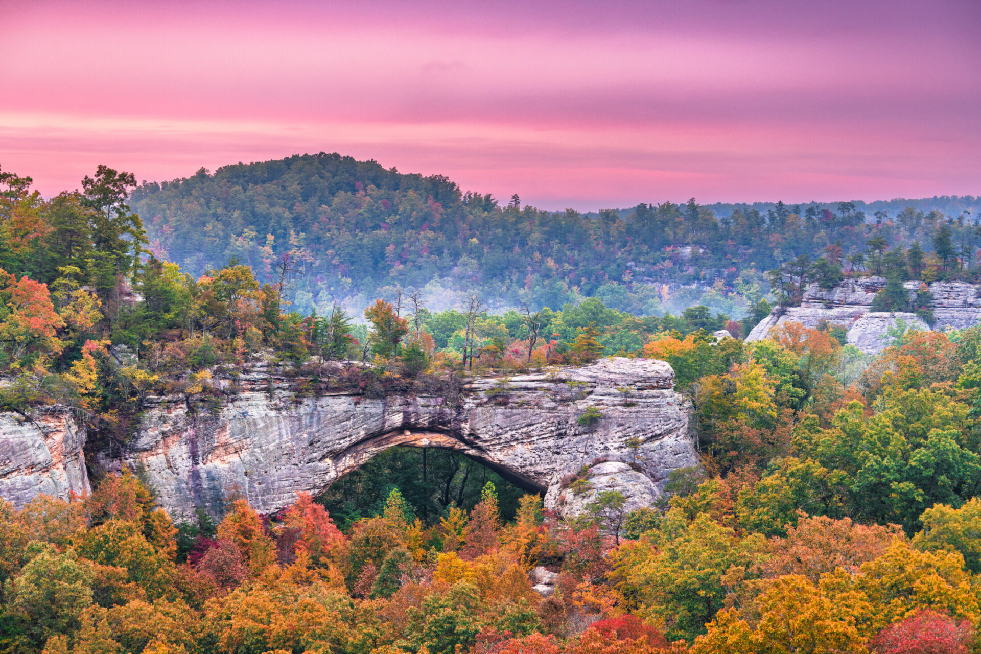 Colorful autumn landscape with Natural Arch in Daniel Boone National Forest, Kentucky