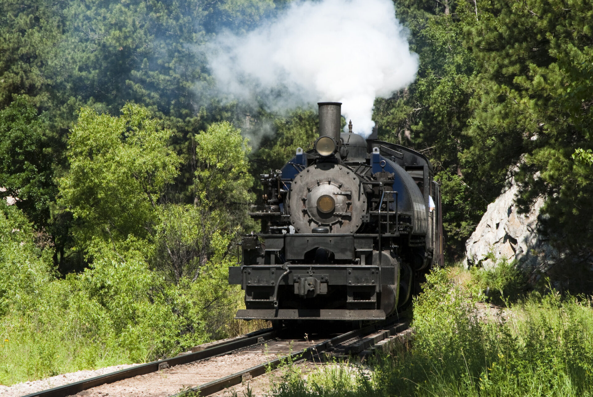 Vintage steam locomotive on Black Hills Central Railroad in South Dakota forest